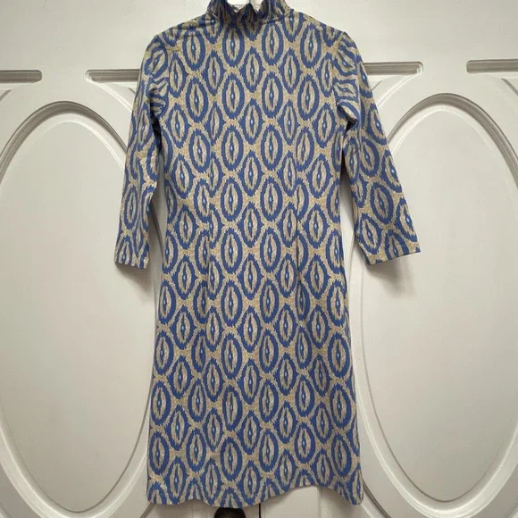 J McLaughlin XS Dress Ruffled Collar LS Ikat Pattern Blue - Picture 6 of 9